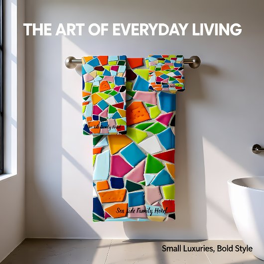 ロマンチックモダンアート幾何学モザイクモノグラム バスタオルセット