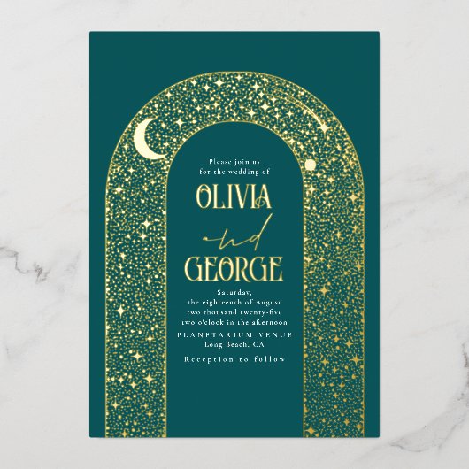 ロマンチックモダンシナ結婚ルのティール（緑がかった色）ブルー金ゴールド 箔招待状 (正面)