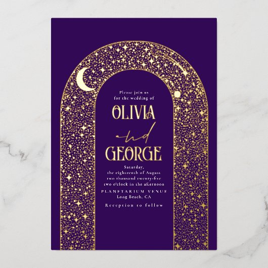 ロマンチックモダンス結婚・シナの紫と金ゴールド 箔招待状 (正面)