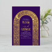 ロマンチックモダンス結婚・シナの紫と金ゴールド 箔招待状 (立ち正面)