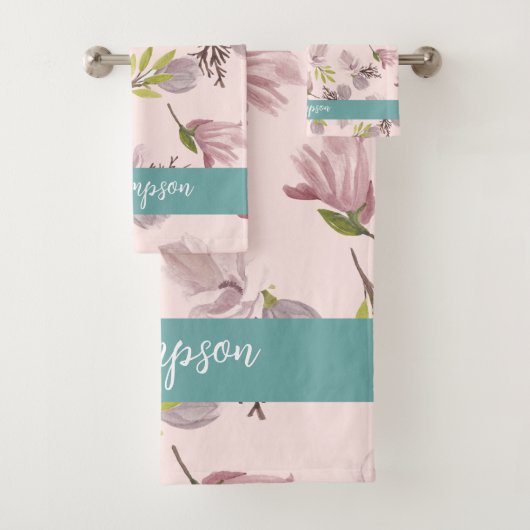 ロマンチックモダンデザインモノグラムピンクとブルー バスタオルセット (インサイチュ)