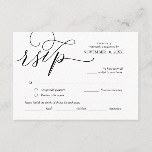ロマンチックモダンブラック書道，結婚式RSVP エンクロージャーカード (正面)