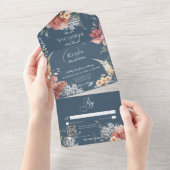 ロマンチックモダンブルーガーデンフローラQRコード オールインワン招待状 (貼ってはがせる)