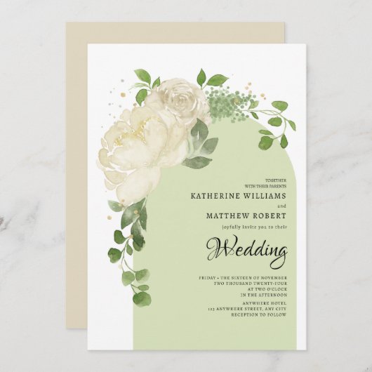 ロマンチックライトグリーンクリームバラボホーフローラアーチ 招待状 (正面/裏面)