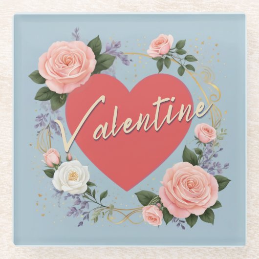 ロマンチックラブハートピンクローゼバレンタインデー ガラスコースター (正面)