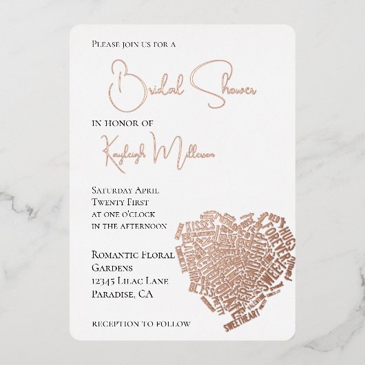 ロマンチックラブワードハートブライダルシャワー 箔招待状 (正面)