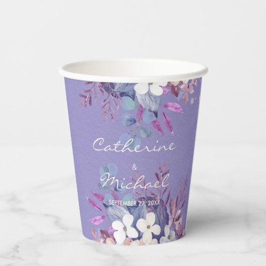 ロマンチックラベンダーウォーターカラーフローラ春の結婚式 紙コップ (裏面)