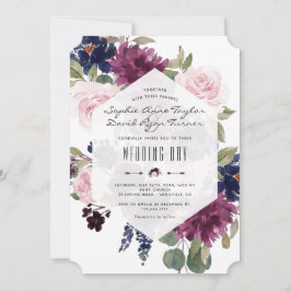 ロマンチックラベンダーネイビーブルーフローラ開花結婚ズ 招待状