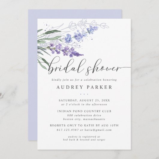 ロマンチックラベンダーフローラウォーターカラーブライダルシャワー 招待状 (正面/裏面)