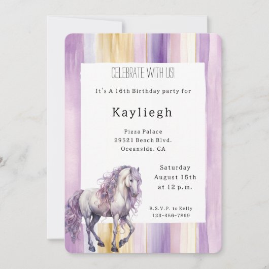 ロマンチックラベンダーホワイトホースストライプ誕生日 招待状 (正面)