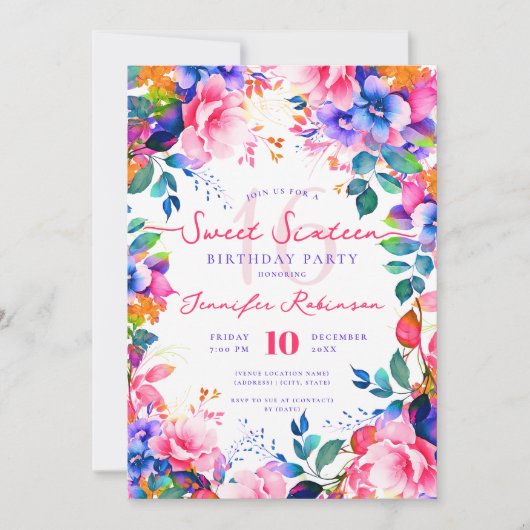ロマンチックレインボーガーデンフローラスウィート16パーティー 招待状 (正面)