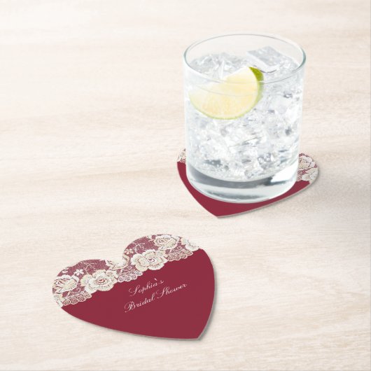 ロマンチックレッドクリームホワイトレース結婚フローラ ペーパーコースター (インサイチュ)