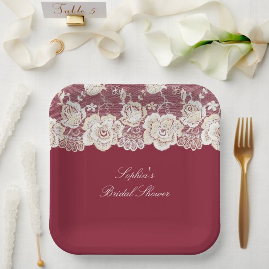 ロマンチックレッドクリームホワイトレース結婚フローラ ペーパープレート (ウェディング)