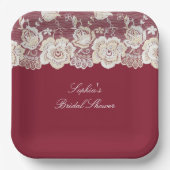 ロマンチックレッドクリームホワイトレース結婚フローラ ペーパープレート (正面)