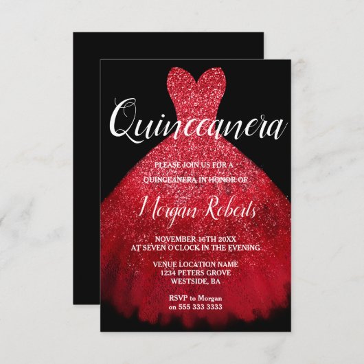 ロマンチックレッドスパークルドレスキンセアニェラ15thパーティー 招待状 (正面/裏面)