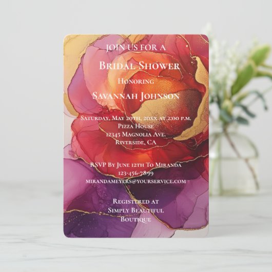 ロマンチックレッドパープル金ゴールドバラフローラブライダルシャワー 招待状 (スタンド正面)