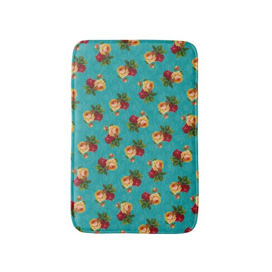 ロマンチックレッドピーチバラパターンティール(緑がかった色)ダマスク バスマット (正面縦)
