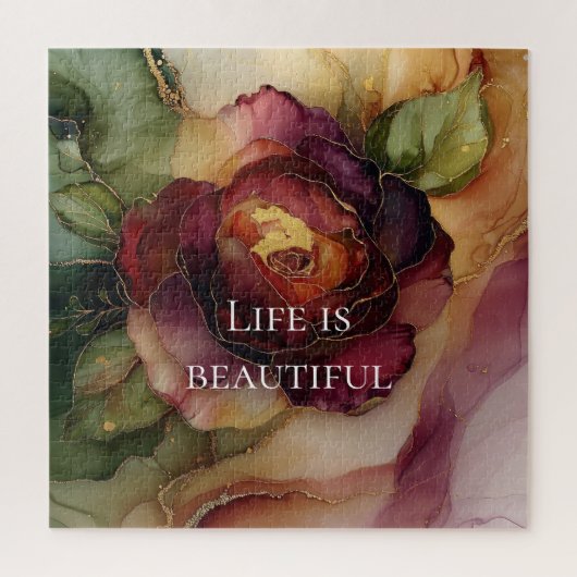 ロマンチックレッドブルゴーニュバラ金ゴールドフローラ ジグソーパズル (縦)