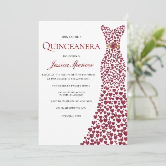 ロマンチックレッドラブハートドレスキンセアニェラ招待状 招待状 (スタンド正面)