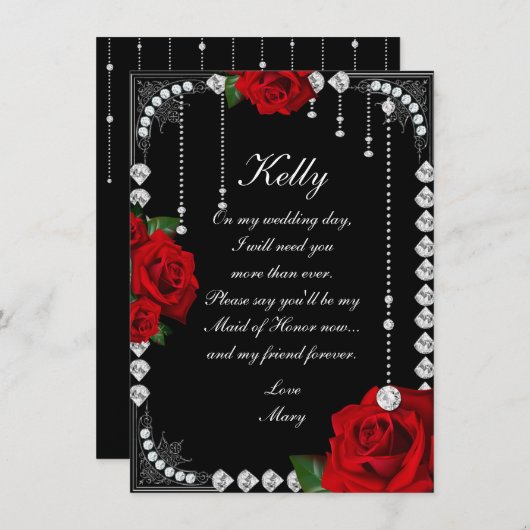 ロマンチックレッドローズアンドダイヤモンドメイド・オブ・オーナー(花嫁付き添い人) 招待状 (正面/裏面)