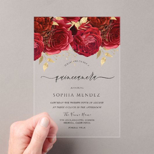 ロマンチックレッドローズエレガントキンセアニェラパーティー アクリル招待状 (インサイチュ (ポータブル))