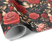 ロマンチックレッドローズオンブラックラッピング紙 ラッピングペーパー (ロールコーナー)