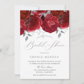 ロマンチックレッドローズシルバーリーフブライダルシャワー 招待状 (正面)