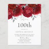ロマンチックレッドローズシルバー100誕生日招待状 (正面)