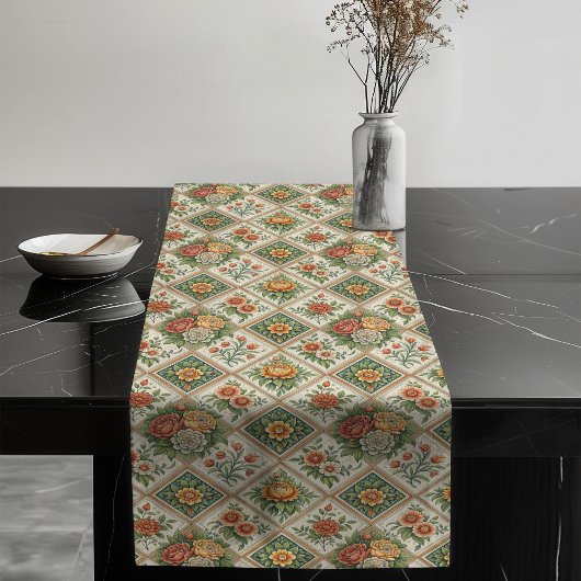 ロマンチックレッドローズテーブルランナーヴィンテージタイルチャーム ロングテーブルランナー