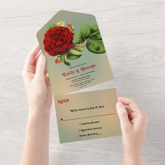 ロマンチックレッドローズデリケート夏のフローラ結婚ズ オールインワン招待状 (貼ってはがせる)
