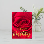 ロマンチックレッドローズハッピーバースデー実在金ゴールド 箔シーズンポストカード (立ち正面)