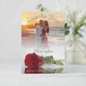 ロマンチックレッドローズフォトオーバーレイホワイト文字結婚ズ セーブザデート (スタンド正面)