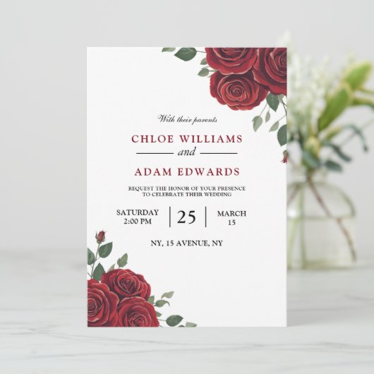 ロマンチックレッドローズブルゴーニュエレガンス結婚ズ 招待状 (スタンド正面)