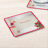 ロマンチックレッドローズブーケハート パーソナライズされた スクエアペーパーコースター (アングル)