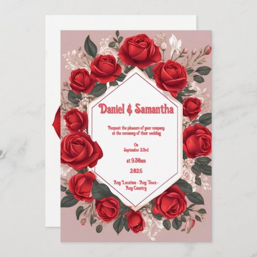 ロマンチックレッドローズ結婚式招待状 招待状 (正面/裏面)
