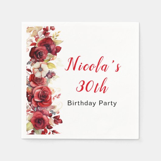 ロマンチックレッドローゼスフローラ誕生日 スタンダードカクテルナプキン (正面)