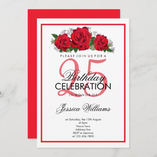 ロマンチックレッドローゼス誕生日 招待状 (正面/裏面)