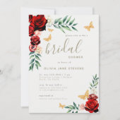 ロマンチックレッドローゼス金ゴールド蝶ブライダルシャワー 招待状 (正面)