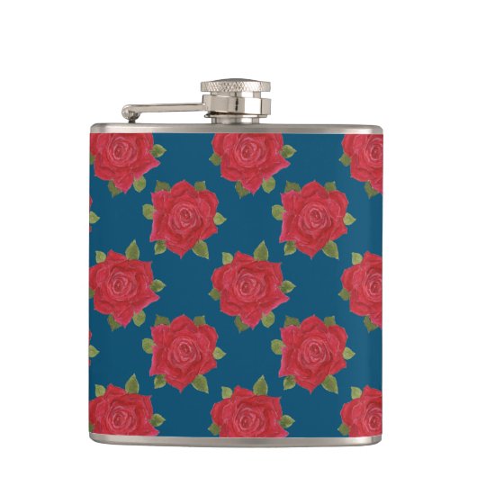 ロマンチックレッドローゼズオンブルーカスタムスキットル フラスク (正面)