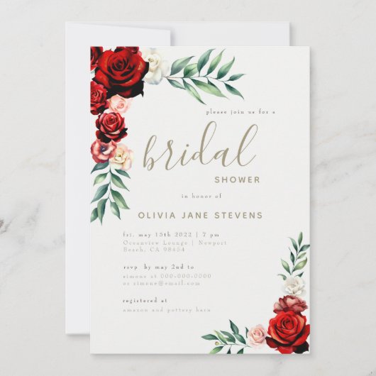 ロマンチックレッドローゼズボホフローラフレームブライダルシャワー 招待状 (正面)