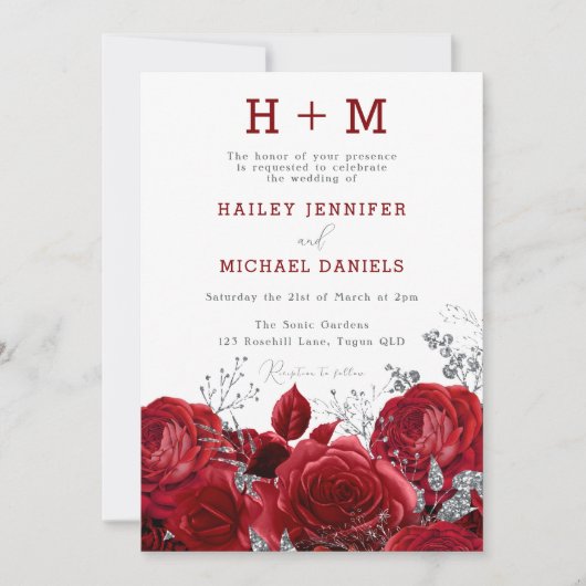 ロマンチックレッドローゼズモノグラム結婚式招待状 招待状 (正面)