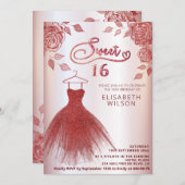 ロマンチックレッドローゼレッドグリッタードレス招待状 招待状 (正面/裏面)