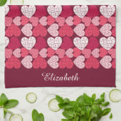 ロマンチックレッド&ピンクジグソーパズルハートパターン キッチンタオル (折り畳み)