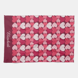 ロマンチックレッド&ピンクジグソーパズルハートパターン キッチンタオル