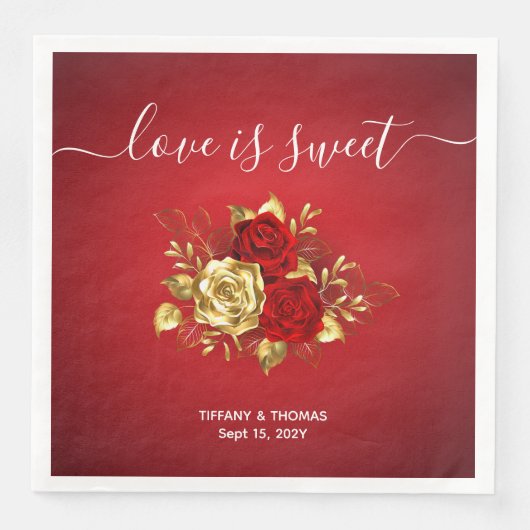 ロマンチックレッド&金ゴールドバラ結婚ズディナーナプキンス (正面)