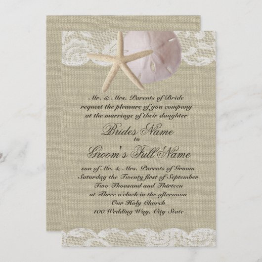 ロマンチックレースアンドシーシェルビーチ結婚式 招待状 (正面/裏面)