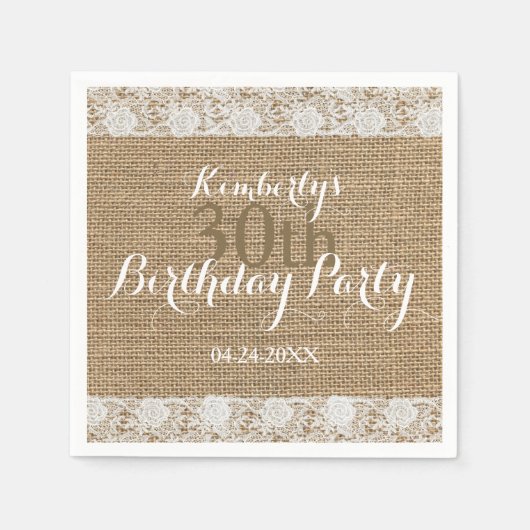 ロマンチックレースバーラップ30th誕生日紙ナプキンス スタンダードカクテルナプキン (正面)
