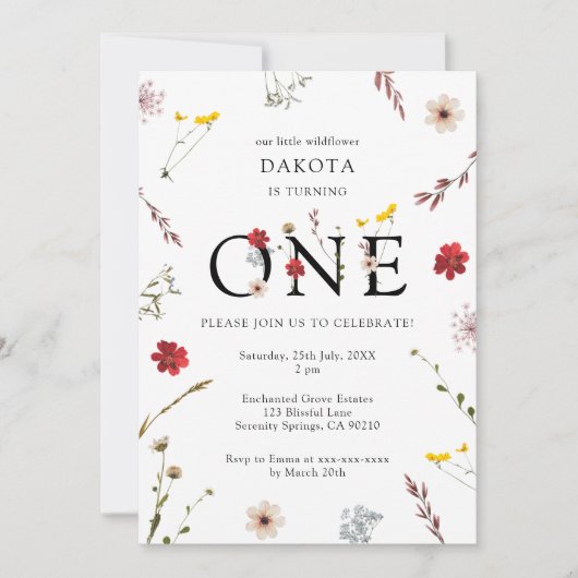 ロマンチックワイルドフラワーガール1st誕生日招待状 招待状 (正面)