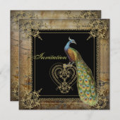 ロマンチックヴィンテージターコイズティール（緑がかった色）結婚ピーコック 招待状 (正面/裏面)