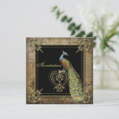 ロマンチックヴィンテージターコイズティール（緑がかった色）結婚ピーコック 招待状 (スタンド正面)